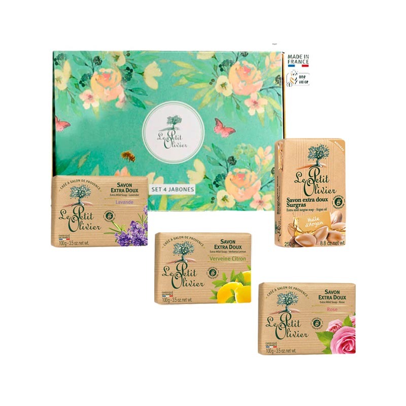 Set 4 jabones - verbena limón, argan, rosa y lavanda - Caja de Regalo